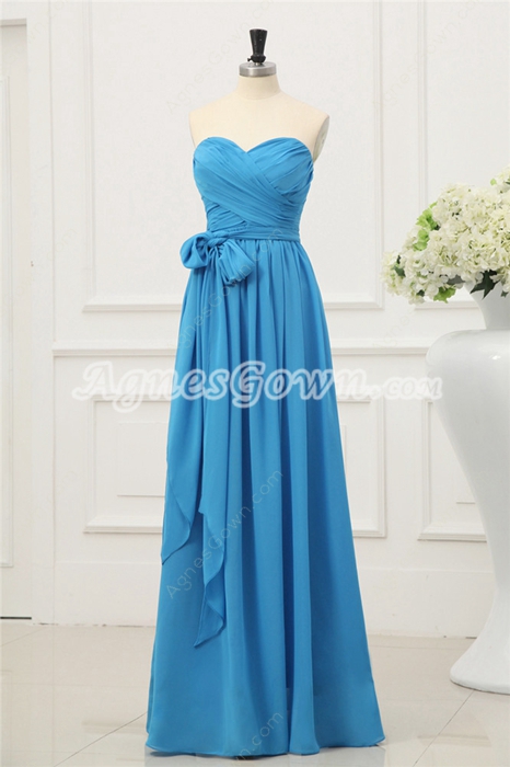 Straight Full Length Blue Chiffon Bridesmaid Dress With Sash 