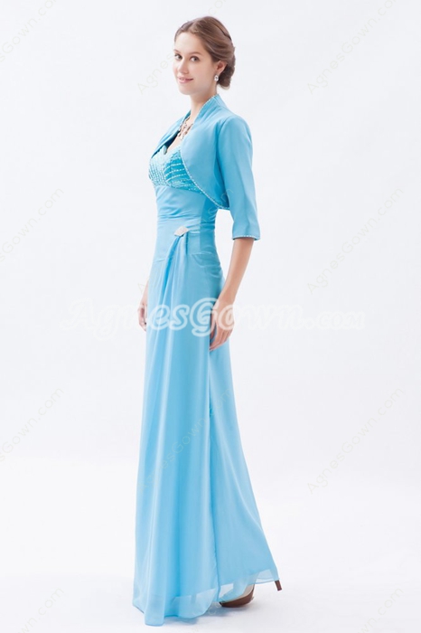 Straps Column Full Length Blue Chiffon Mother Of The Bride Dress With Jacket 