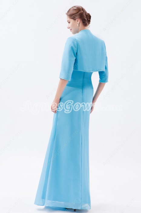 Straps Column Full Length Blue Chiffon Mother Of The Bride Dress With Jacket 