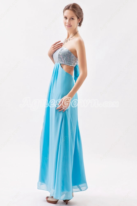 Strapless Ankle Length Blue & Silver Graduation Dress For 8th Grade 