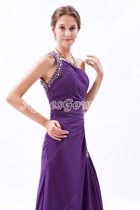 Magnificent One Shoulder Straight Satin Purple Evening Dress 