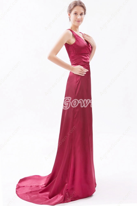 V-Neckline Burgundy Satin Formal Evening Dress 