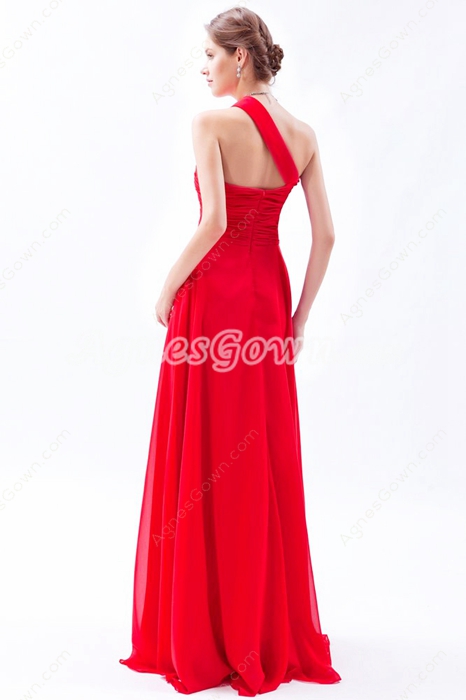 Flowing One Shoulder A-line Red Chiffon Formal Evening Gown 