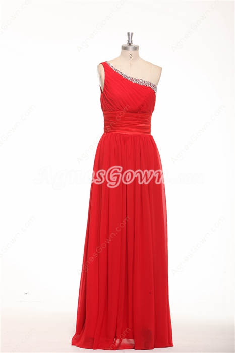One Shoulder Plus Size Red Chiffon Formal Evening Gown 