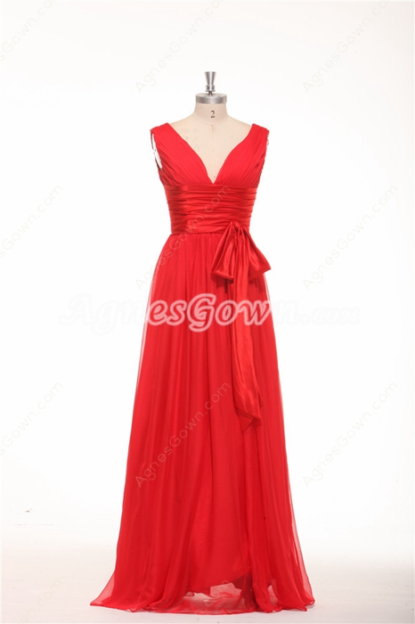Plunge Neckline Column Red Chiffon Junior Prom Gown 