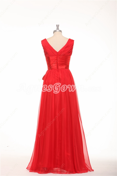Plunge Neckline Column Red Chiffon Junior Prom Gown 