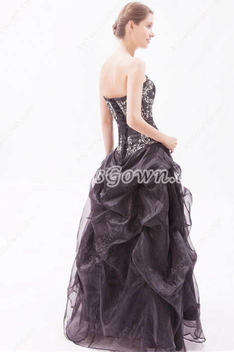 Strapless Puffy Floor Length Black Organza Gothic Quinceanera Dress 