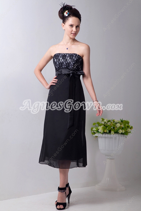 Modest Strapless Tea Length Black Chiffon Junior Bridesmaid Dress With Lace 