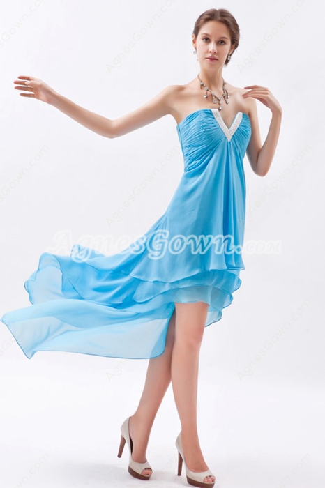 Cowl Neckline Blue Chiffon High Low Homecoming Dress 
