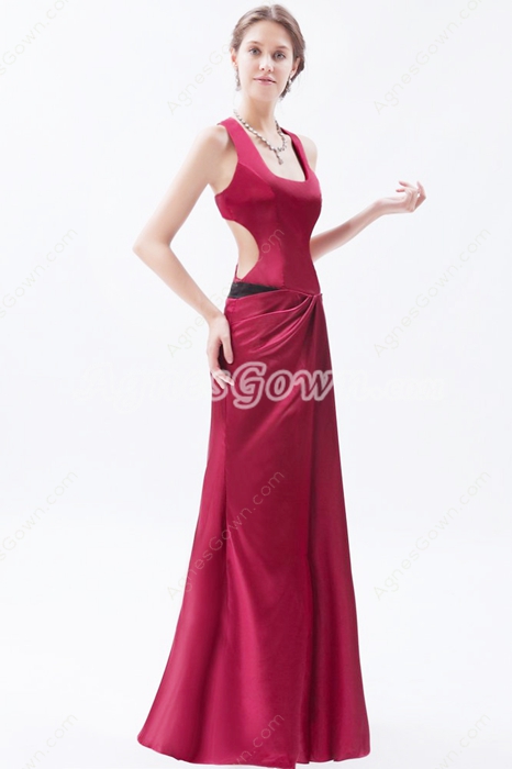 Scoop Column Full Length Red Evening Dress Side Slit 