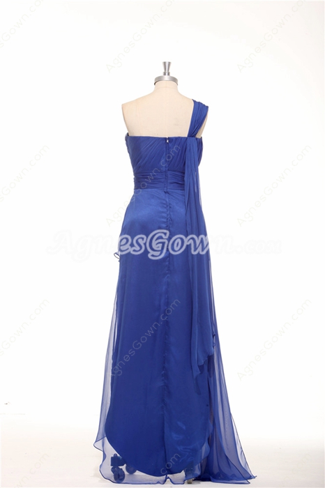 One Shoulder Chiffon Royal Blue High Low Graduation Dress 
