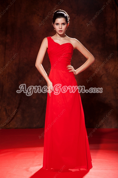Trendy One Shoulder Column Red Chiffoon Long Graduation Dress 