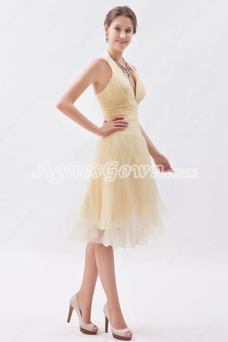 Modern Halter Knee Length Yellow Wedding Guest Dress 