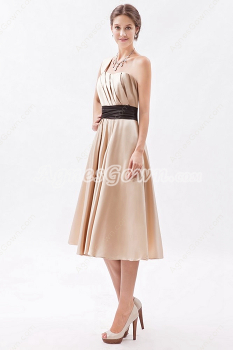 One Shoulder Tea Length Champagne Junior Prom Dress With Black Sash 