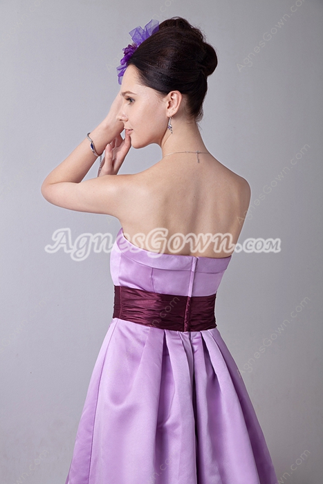 Mini Length Strapless Lilac Satin Junior Prom Gown 