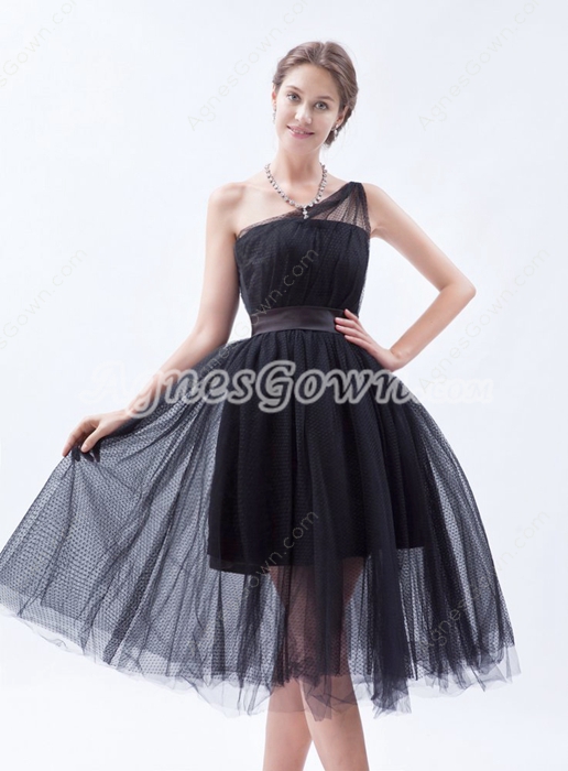 One Shoulder Puffy Tea Length Black Tulle Junior Prom Dress 