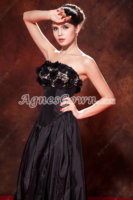 Tea Length Taffeta Black Junior Prom Dress With Floral Bust 