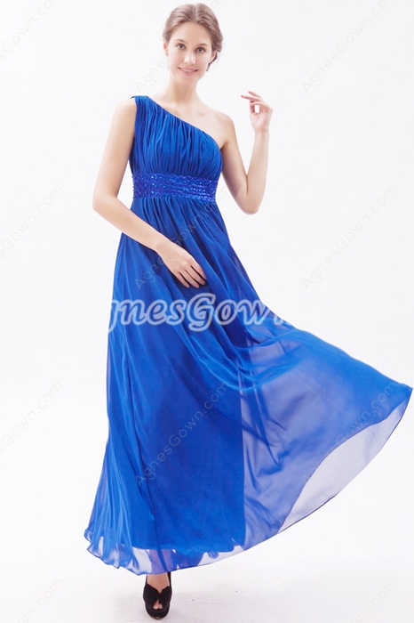 One Shoulder Chiffon Long Length Royal Blue Bridesmaid Dress