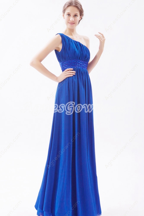 One Shoulder Chiffon Long Length Royal Blue Bridesmaid Dress