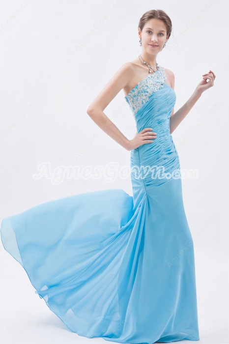 Special One Straps A-line Chiffon Full Length Blue Prom Gown 