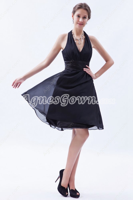 Chic Halter Knee Length Chiffon Little Black Dress 