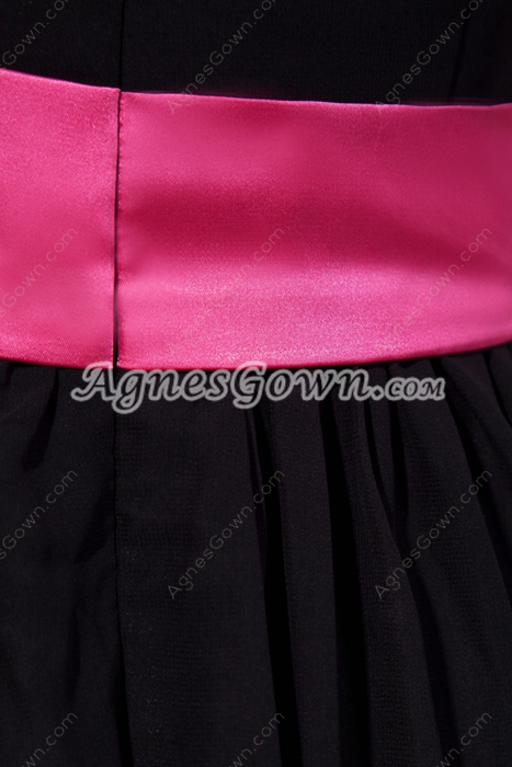 Dipped Neckline Knee Length Black Chiffon Graduation Dress With Fuhchsia Sash 
