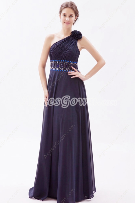 Modest One Shoulder Column Dark Navy Prom Dress With Royal Blue Beads 