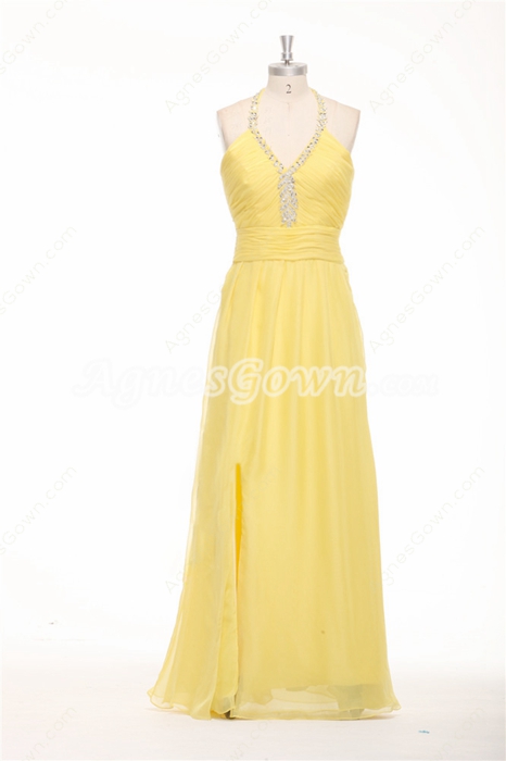 Delicate Halter A-line Yellow Chiffon Evening Dress Front Slit