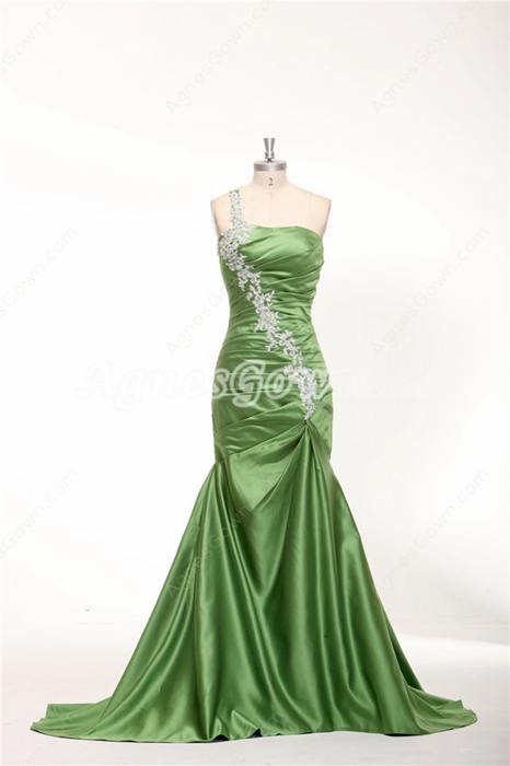 One Shoulder Sheath Floor Length Green Prom Dress With Lace Appliques 