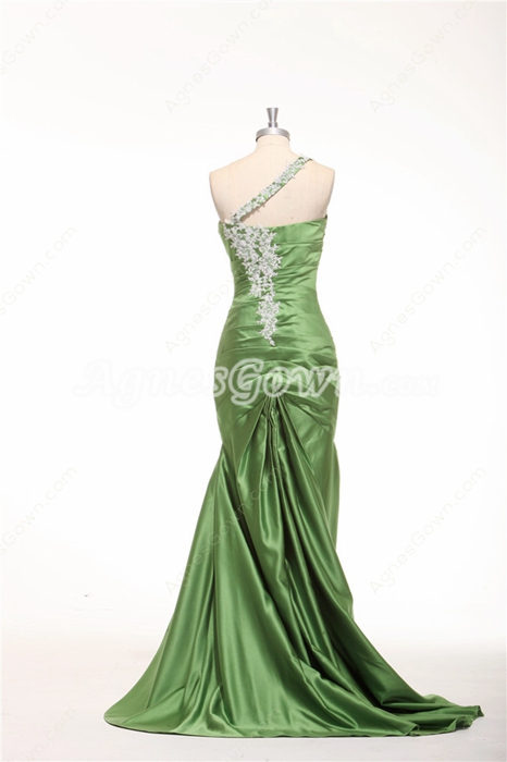 One Shoulder Sheath Floor Length Green Prom Dress With Lace Appliques 