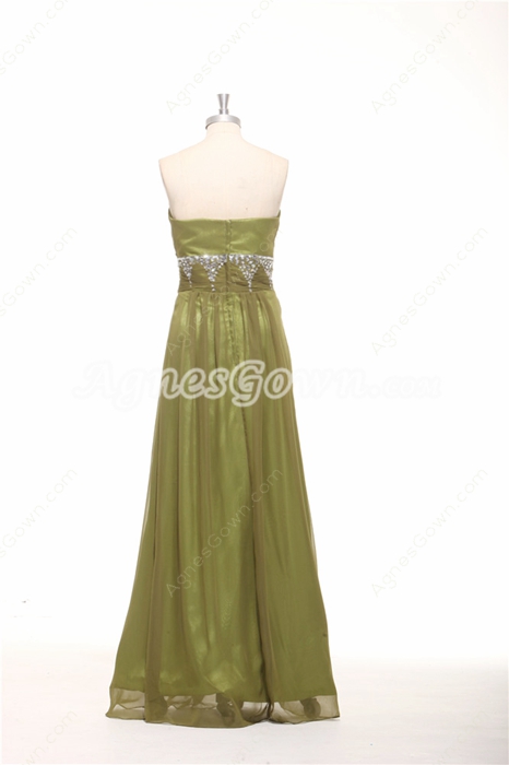 Dipped Neckline Column Full Length Olive Green Evening Dress 