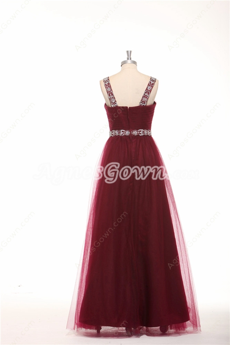 Double Straps A-line Tulle Burgundy Junior Prom Dress 