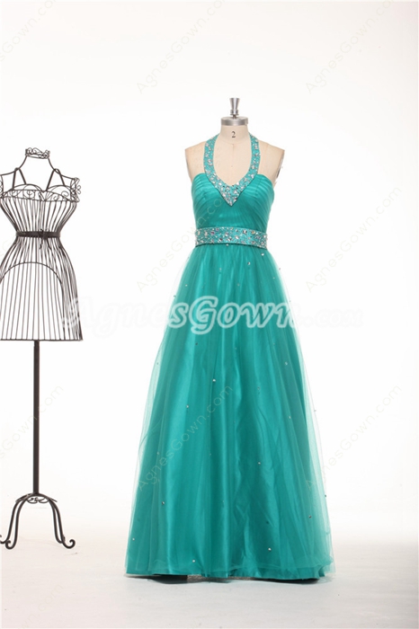 Top Halter A-line Tulle Fabric Teal Prom Dress With Rhinestones 