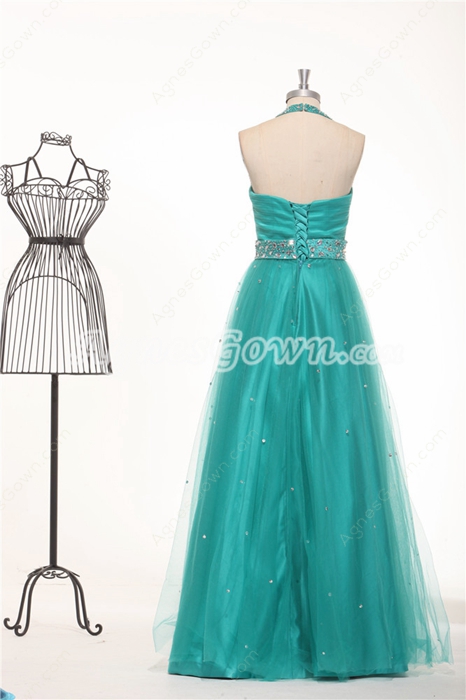 Top Halter A-line Tulle Fabric Teal Prom Dress With Rhinestones 