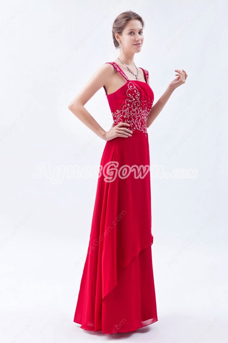 Double Straps Column Red Chiffon Embroidery Prom Dress For Juniors 