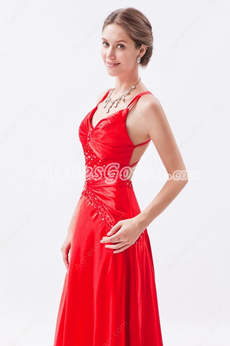 Crossed Straps Back A-line Red Satin Evening Dress 