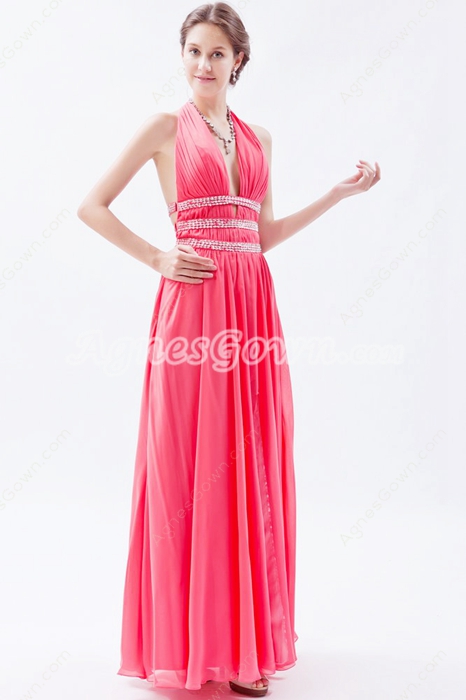 Sexy Halter Column Full Length Watermelon Chiffon Prom Dress 