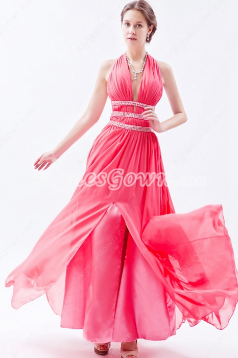 Sexy Halter Column Full Length Watermelon Chiffon Prom Dress 