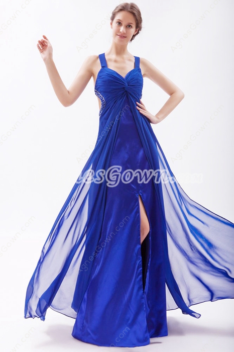 Crossed Straps Back A-line Royal Blue Chiffon Evening Dress 