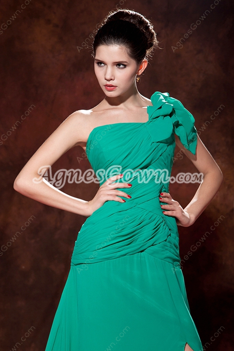 Elegance One Shoulder Hunter Green Evening Dress With High Slit 