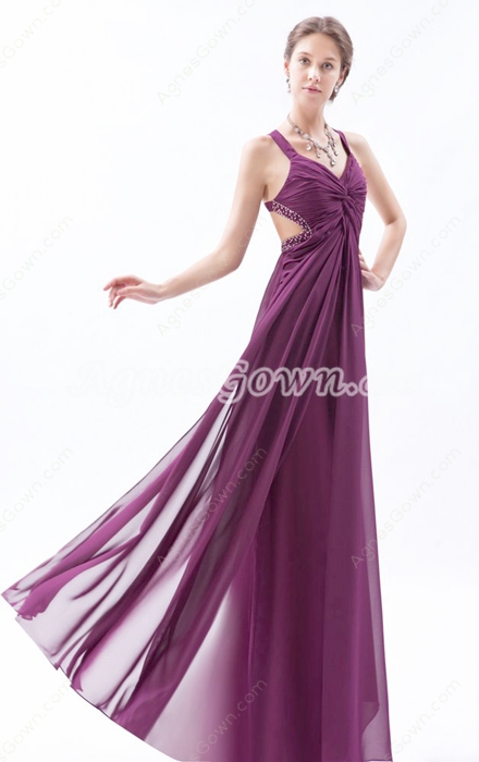 Crossed Straps Column Floor Length Grape Colored Evening Dress 