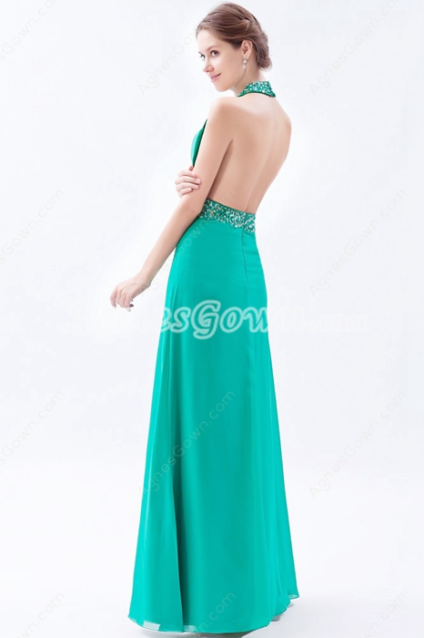 Modern Halter High Collar Chiffon Jade Green Evening Dress 