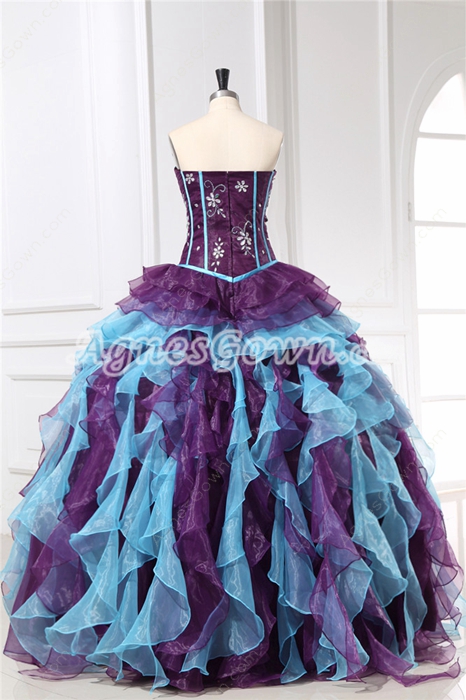 Inexpensive Colorful Eggplant & Blue Sweet 15 Dresses With Ruffled Skirt  