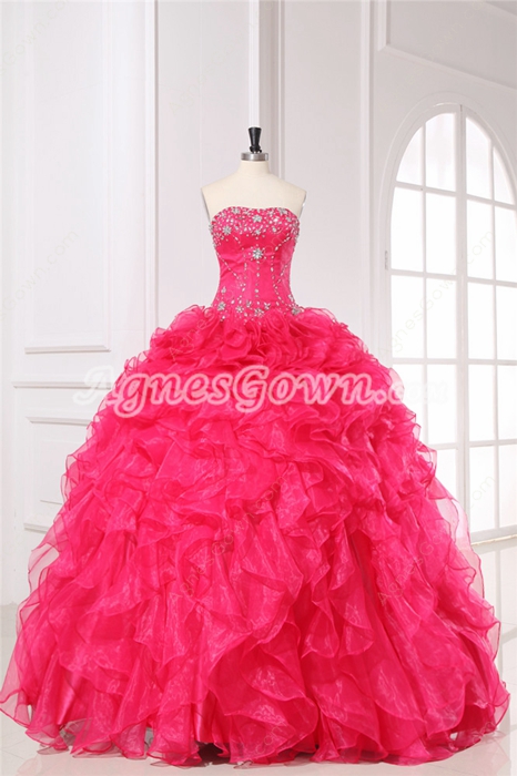 Best Fuchsia Organza Strapless Ball Gown for Sweet 15