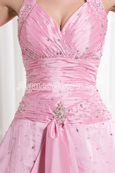 Affordable Top Halter V-Neckline Ball Gown Full Length Pink Sweet 15 Dress