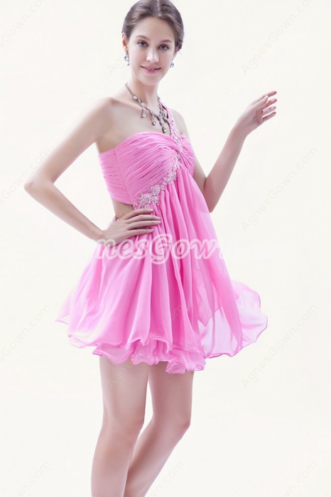 Cute One Straps Puffy Mini Length Hot Pink Chiffon Cocktail Dress 