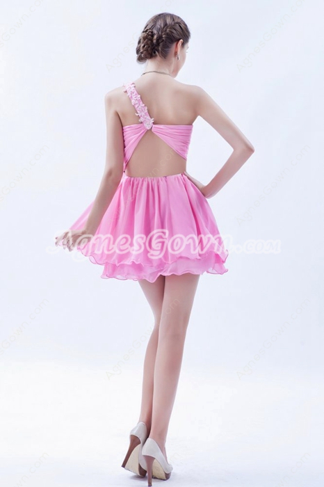 Cute One Straps Puffy Mini Length Hot Pink Chiffon Cocktail Dress 