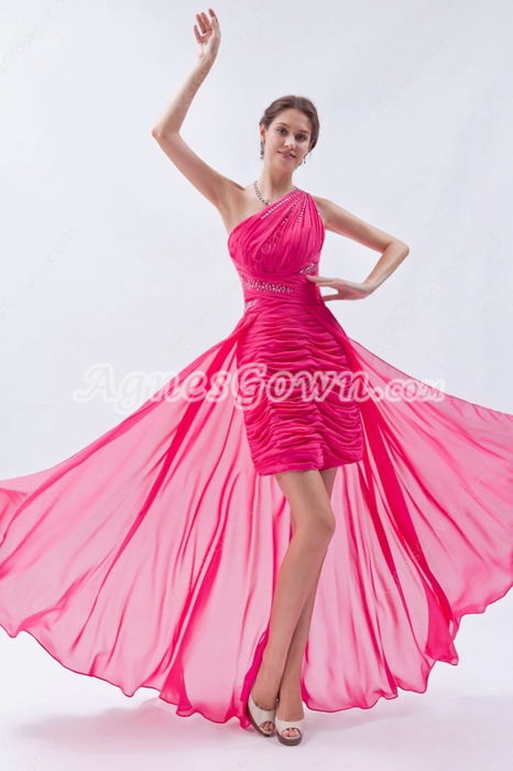 One Shoulder A-line Mini Length Pink Chiffon High Low Prom Dress 