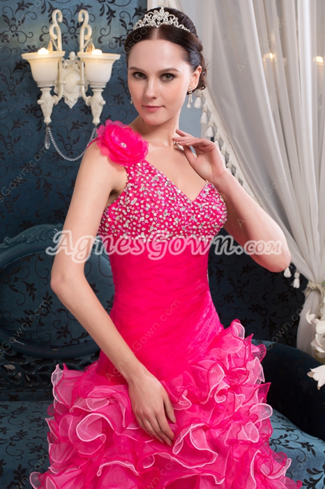 Fashionable One Shoulder A-line Ruffled Colorful High Low Sweet Sixteen Dress 