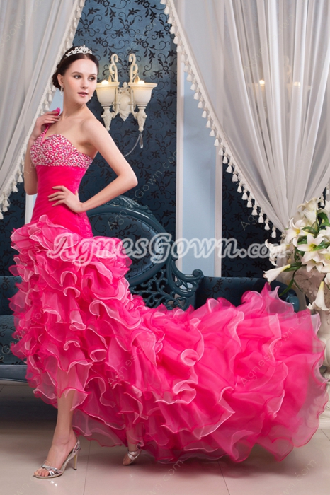 Fashionable One Shoulder A-line Ruffled Colorful High Low Sweet Sixteen Dress 